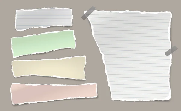 Conjunto de rasgado colorido e branco, nota alinhada, listras de papel notebook estão no fundo marrom para texto, publicidade ou design. Ilustração vetorial —  Vetores de Stock