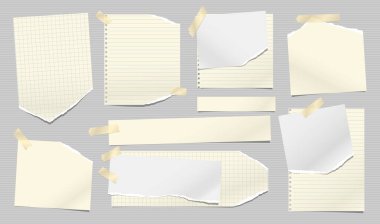 Yırtık sarı notlar, not defteri kâğıdı şeritleri yazı, reklam ya da tasarım için gri çizgili arka planda. Vektör illüstrasyonu