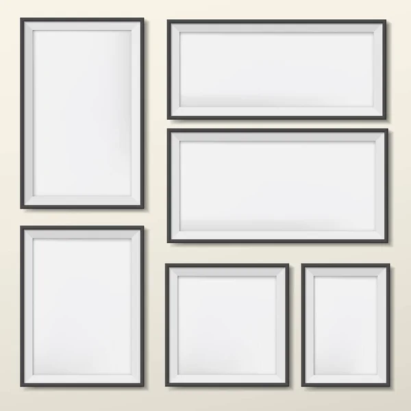 Blank and different size picture frames are on wall — Stock Vector