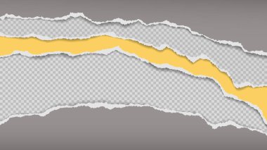 Yırtık, yırtık sarı ve yumuşak gölgeli gri kağıt şeritler metin için kare arkaplanda. Vektör illüstrasyonu
