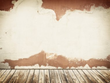 Grunge ahşap zemin ile beton duvar.
