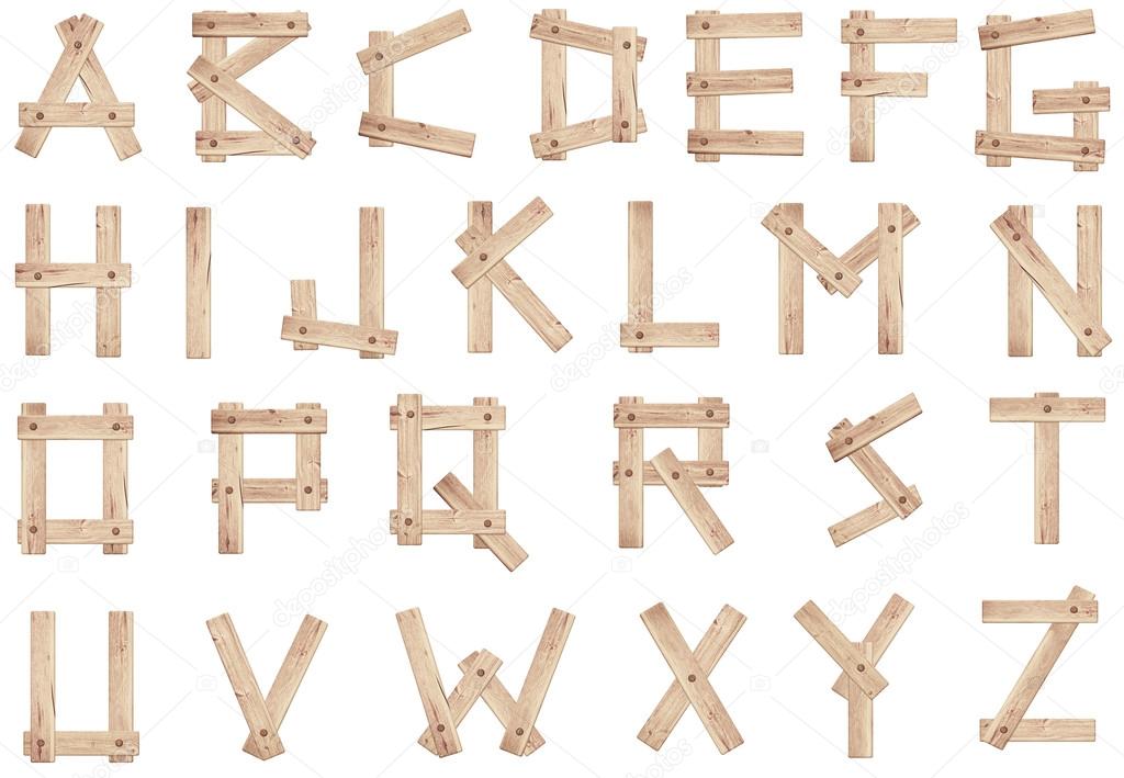 Old wooden alphabet letters made of wood planks