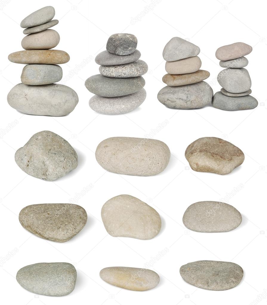 Set of pile stones from the river are isolated on white background