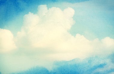 Bulutlar ve gökyüzü mavi suluboya zemin üzerine