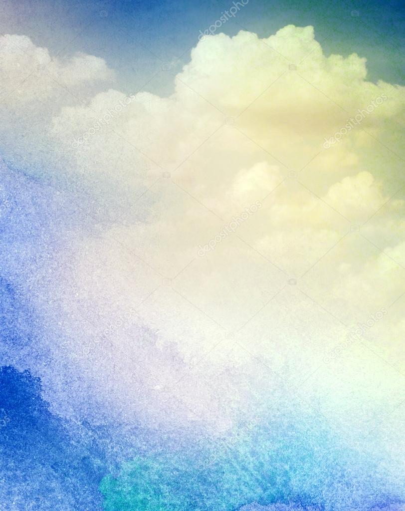 Clouds and sky on blue watercolor background