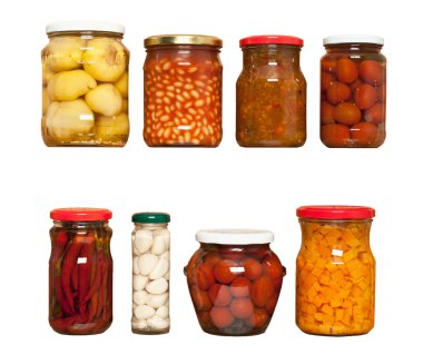 Preserved carrots, tomatoes, garlic, chilli, beans on white background clipart