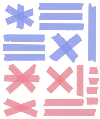 Dizi yatay ve farklı boyut yapışkan bant, yapıştırıcı parçaları, beyaz arka plan üzerinde yırtık kağıt. Vektör çizim