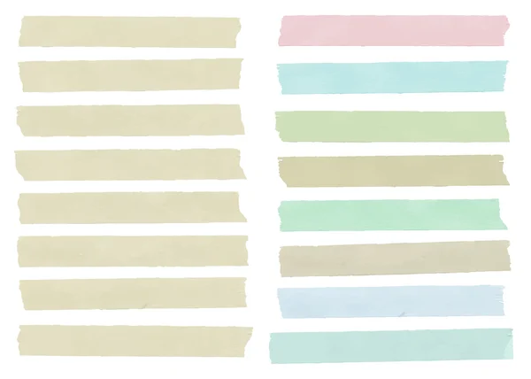 Set di nastro adesivo orizzontale colorato e di diverse dimensioni, pezzi adesivi, modello di menu con spazio di copia su sfondo bianco. Illustrazione vettoriale — Vettoriale Stock