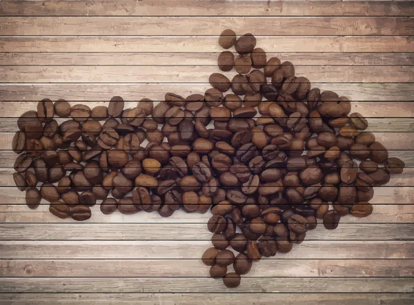 Old brown planks and coffee beans arrow. Collage background — Wektor stockowy