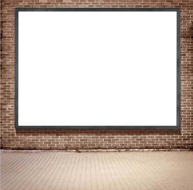Siyah çerçeve billboard kahverengi tuğla duvar sokak yakınındaki asılı kopya alanı ile