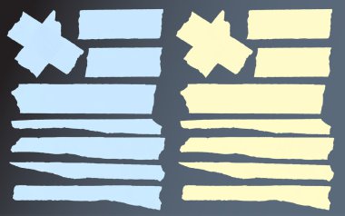 Yatay ve farklı boyut yapışkan bant, siyah arka plan üzerine yapışkan parçalar kümesi