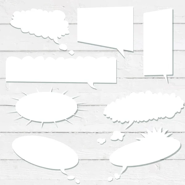 Vector tekstballonnen met schaduw als wolken op witte houten muur — Stockvector
