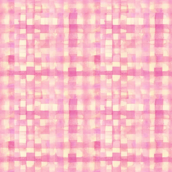 Pink, yellow lines and squares painted watercolor pattern. Seamless background — Stock Photo, Image