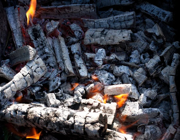 Burning charcoal embers firewood with ashes and flames — Stock Photo, Image