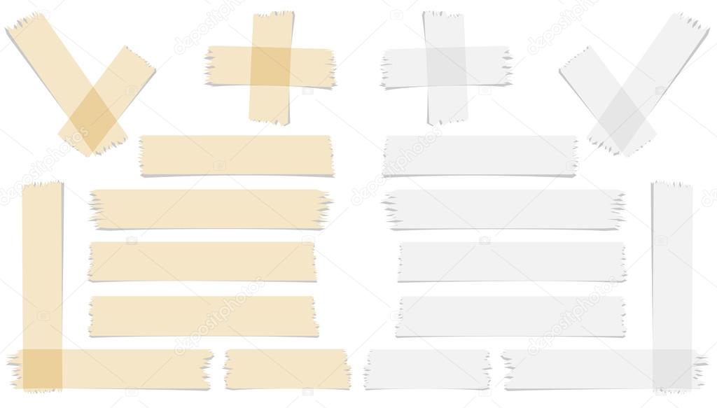 Set of accept or yes, cross and different size adhesive tape pieces on white background