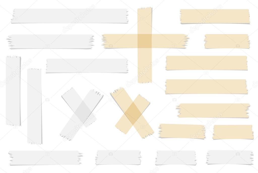 Set of accept or yes, cross and different size adhesive tape pieces on white background