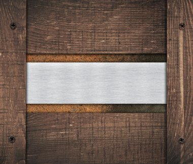 Kompozisyon metal alüminyum plak, isim levhası ve eski ahşap duvar plakalar