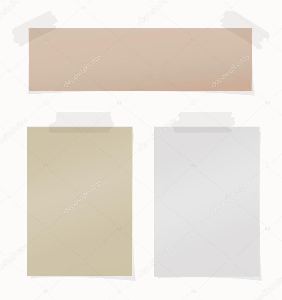 Set of various brown, gray note papers on white background