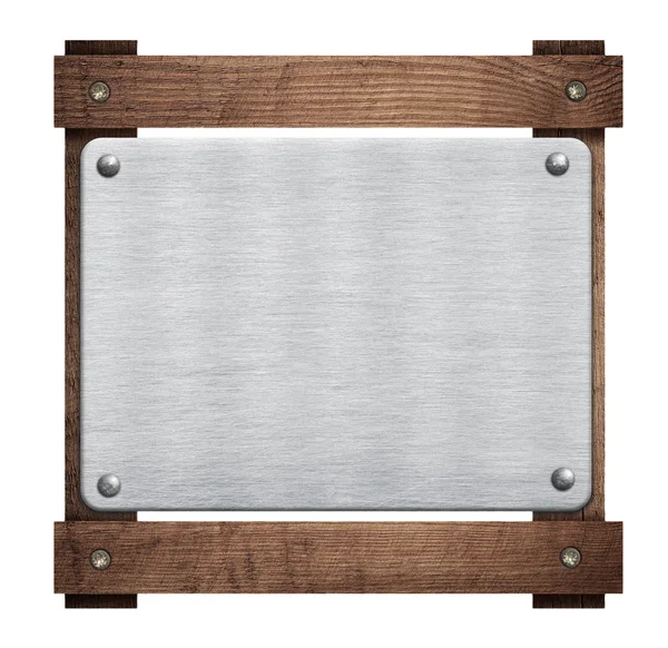 Склад металевої алюмінієвої дошки, назва пластини на дерев'яній рамі — стокове фото