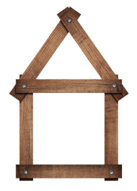 Ahşap ev ev simgesini vidalı çerçeve beyaz arka plan üzerinde solated olduğunu