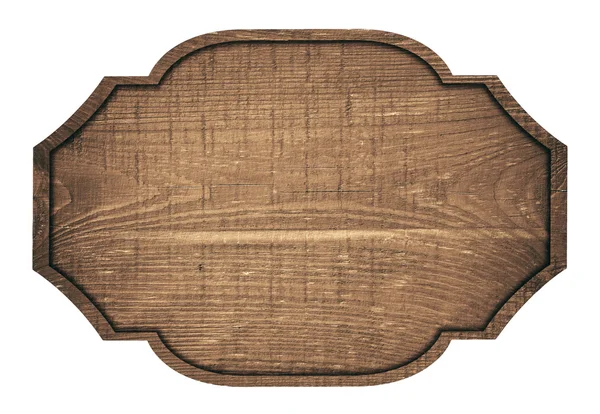 Letrero de madera marrón, placa, tablón y marco oscuro sobre fondo blanco — Foto de Stock