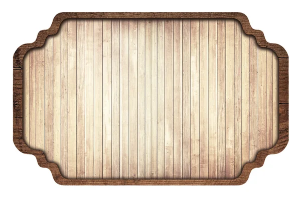 Brown wooden signboard, plate, planks and dark frame on white background — ストック写真