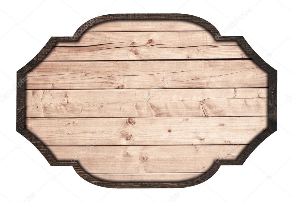 Brown wooden signboard, plate, planks and dark frame on white background