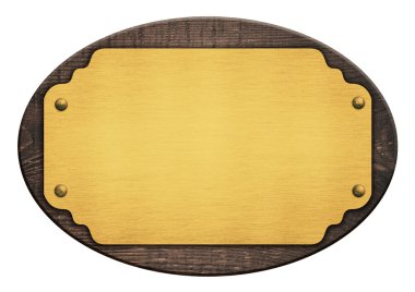 Altın plak, isim levhası, ahşap masa üzerinde beyaz izole bileşimi