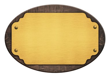 Composition of golden plaque, name plate, wooden board isolated on white clipart