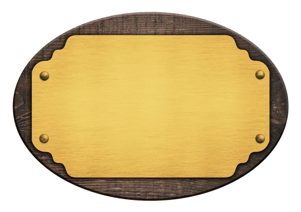 Samenstelling van gouden plaque, naam plate, houten plank geïsoleerd op wit — Stockfoto