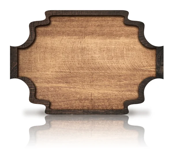 Placa de madeira marrom ornamentada e reflexão, com moldura escura na placa riscada — Fotografia de Stock