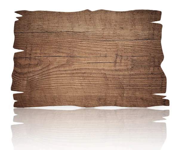 Gamla väderbitna kliade trä skylt, plankan och reflektion på glasbord — Stockfoto