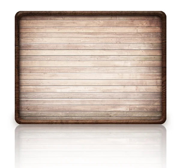 Bruin houten rechthoek uithangbord en bezinning op de glazen tafel, donkere frame, licht planken — Stockfoto