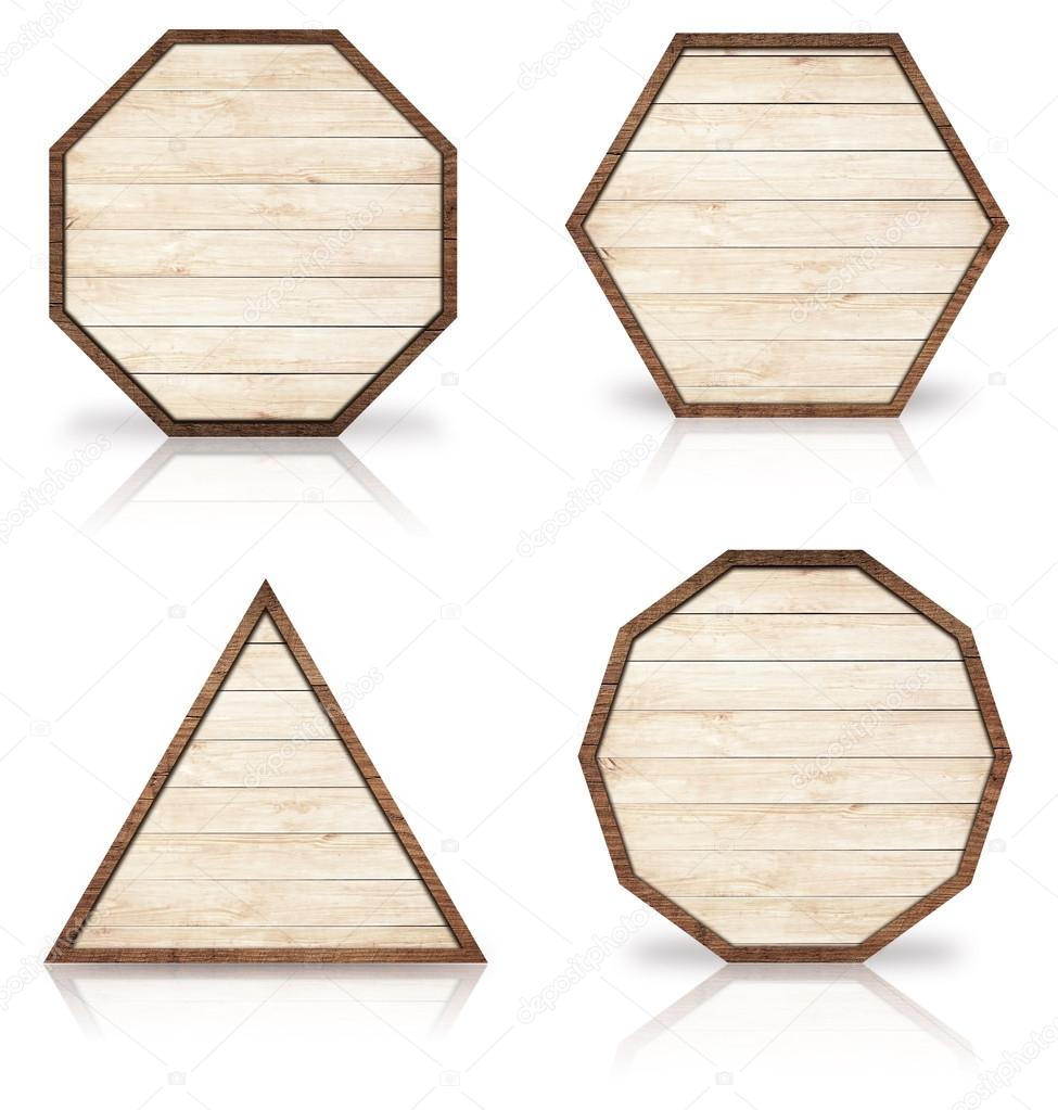 Set of brown wooden signboard, plates, planks and dark frames with reflection on glass table