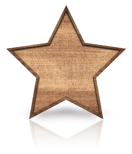Brown wooden star with dark frame, signboard and reflection on glass table — Stock Photo, Image