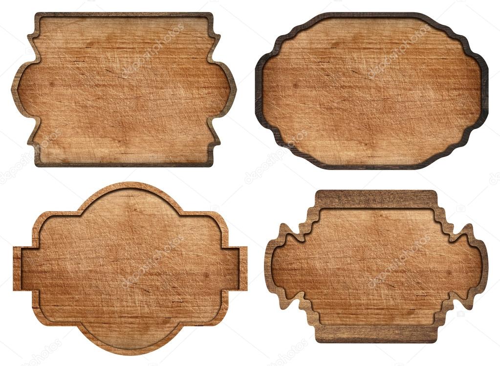 Set of brown wooden signboard, plates, planks and dark frames are isolated on white background