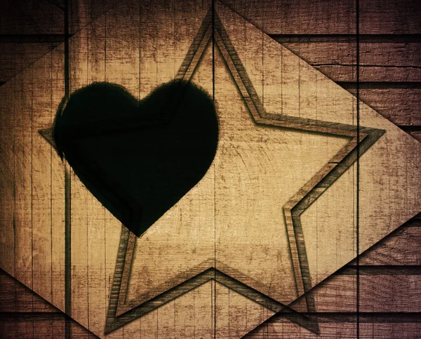 Double exposure of brown wooden star with rhombus and frame on planks wall — Stock Photo, Image