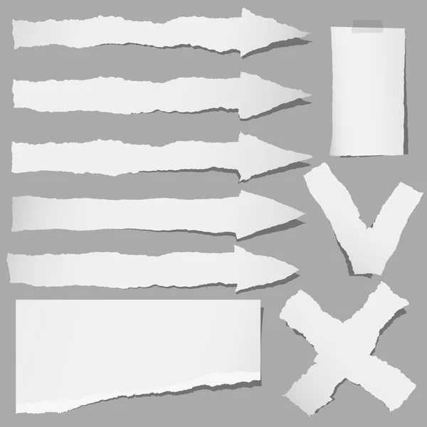 Set of various gray torn papers arrows, cross, accept, yes or no symbols — Stock Vector