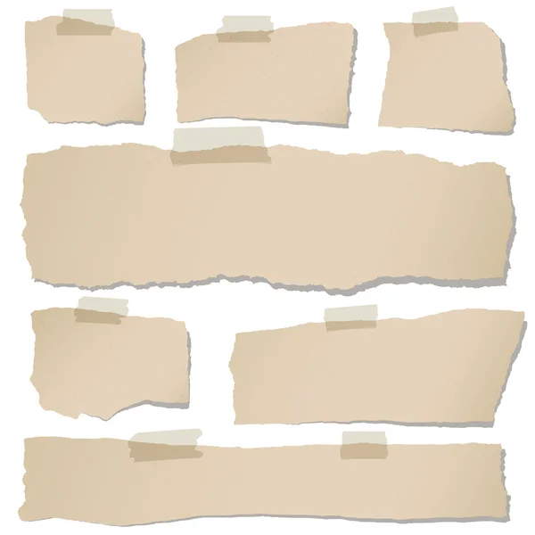 Set of various brown torn note papers with adhesive tape on white background — Stock Vector