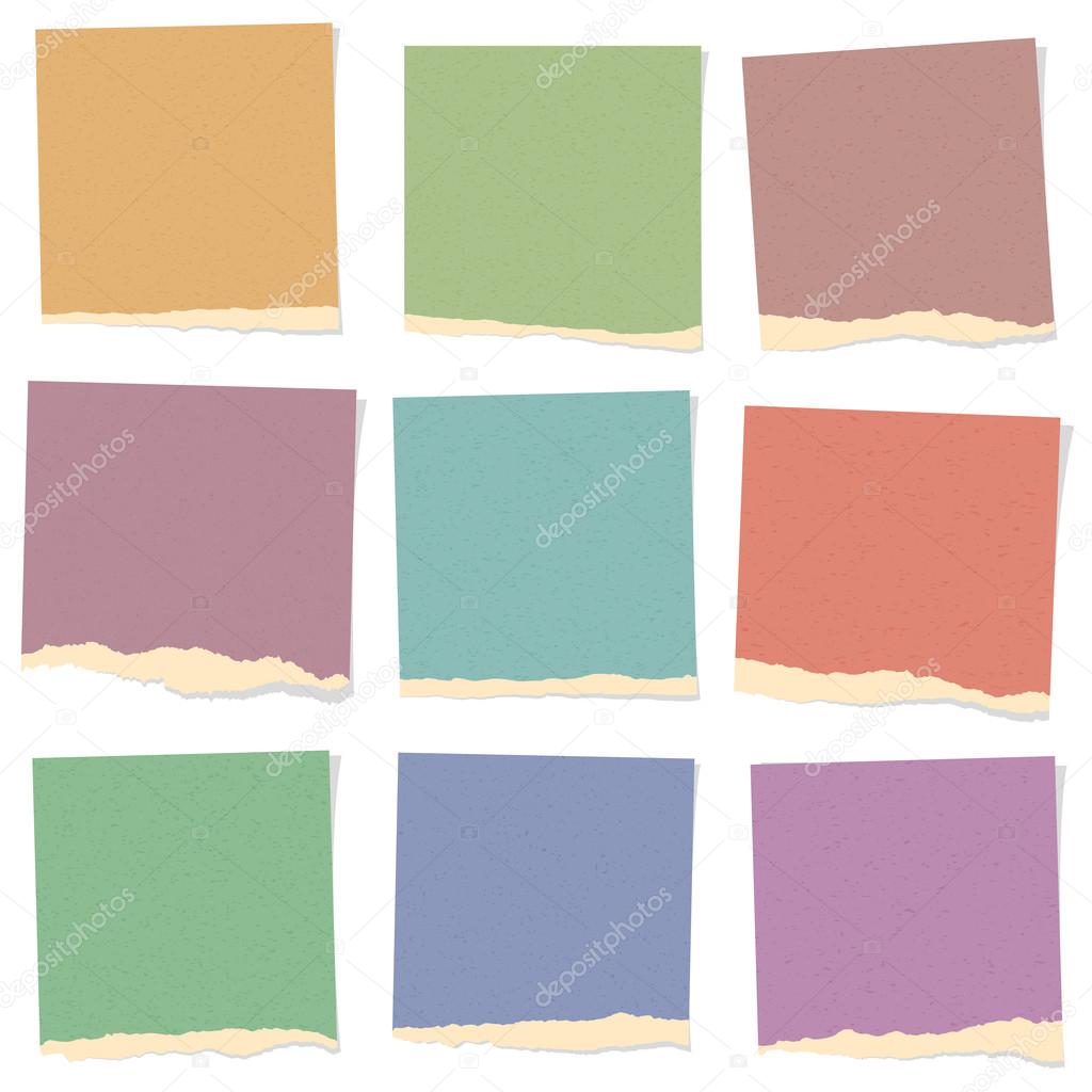 Set of various colorful recycled torn grainy note papers