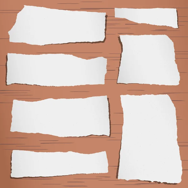 Ensemble de papiers de notes déchirés gris sur fond brun — Image vectorielle