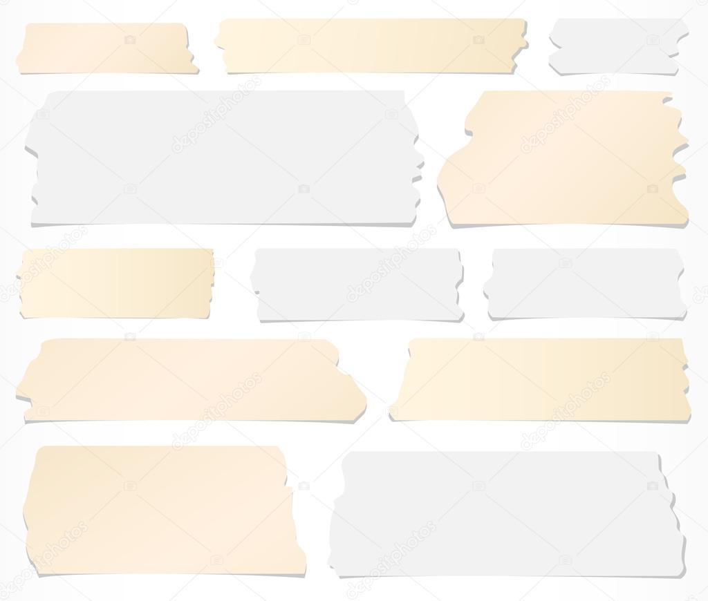 Set of horizontal and different size sticky tape, adhesive pieces on white background