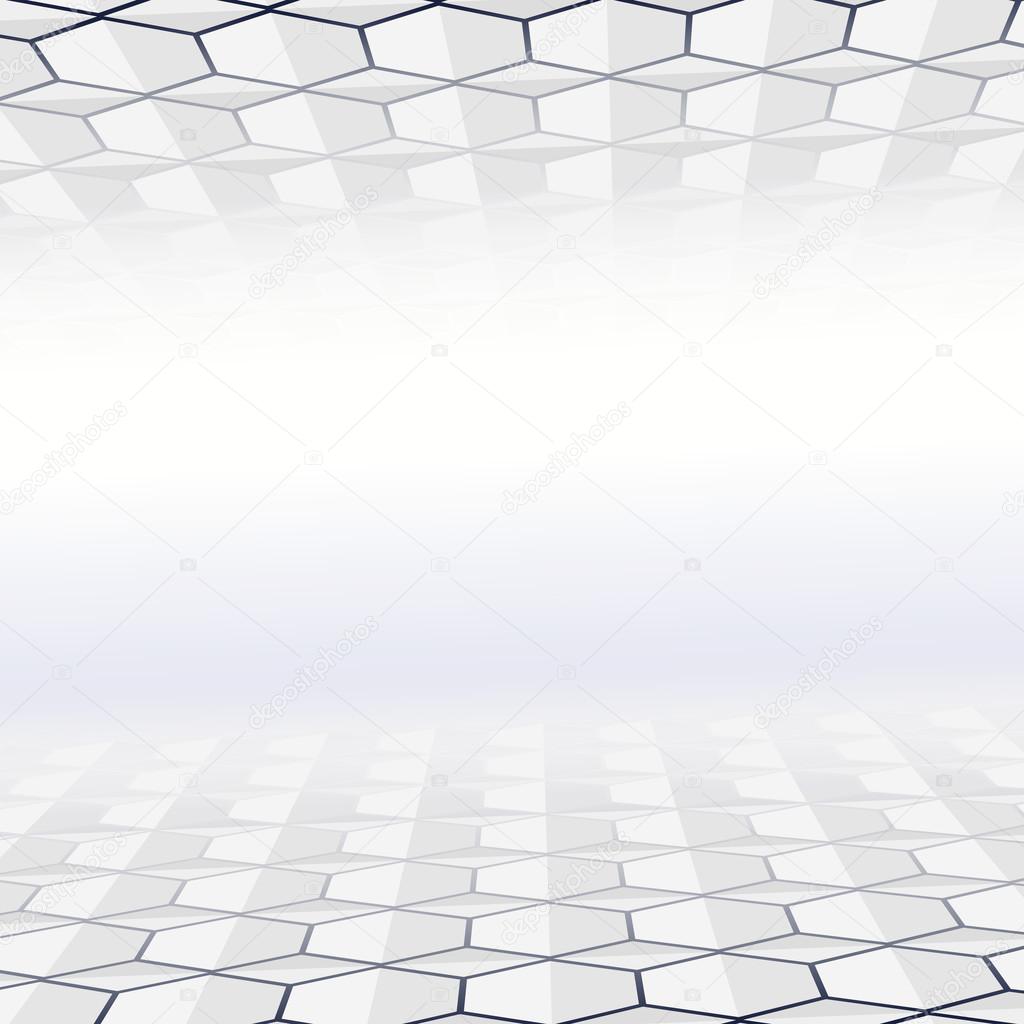 Abstract hexagon tiled floor and ceiling with a perspective room