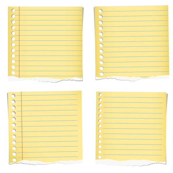 Aantal gele gescheurde notebook papier met blauwe lijnen op witte achtergrond — Stockvector