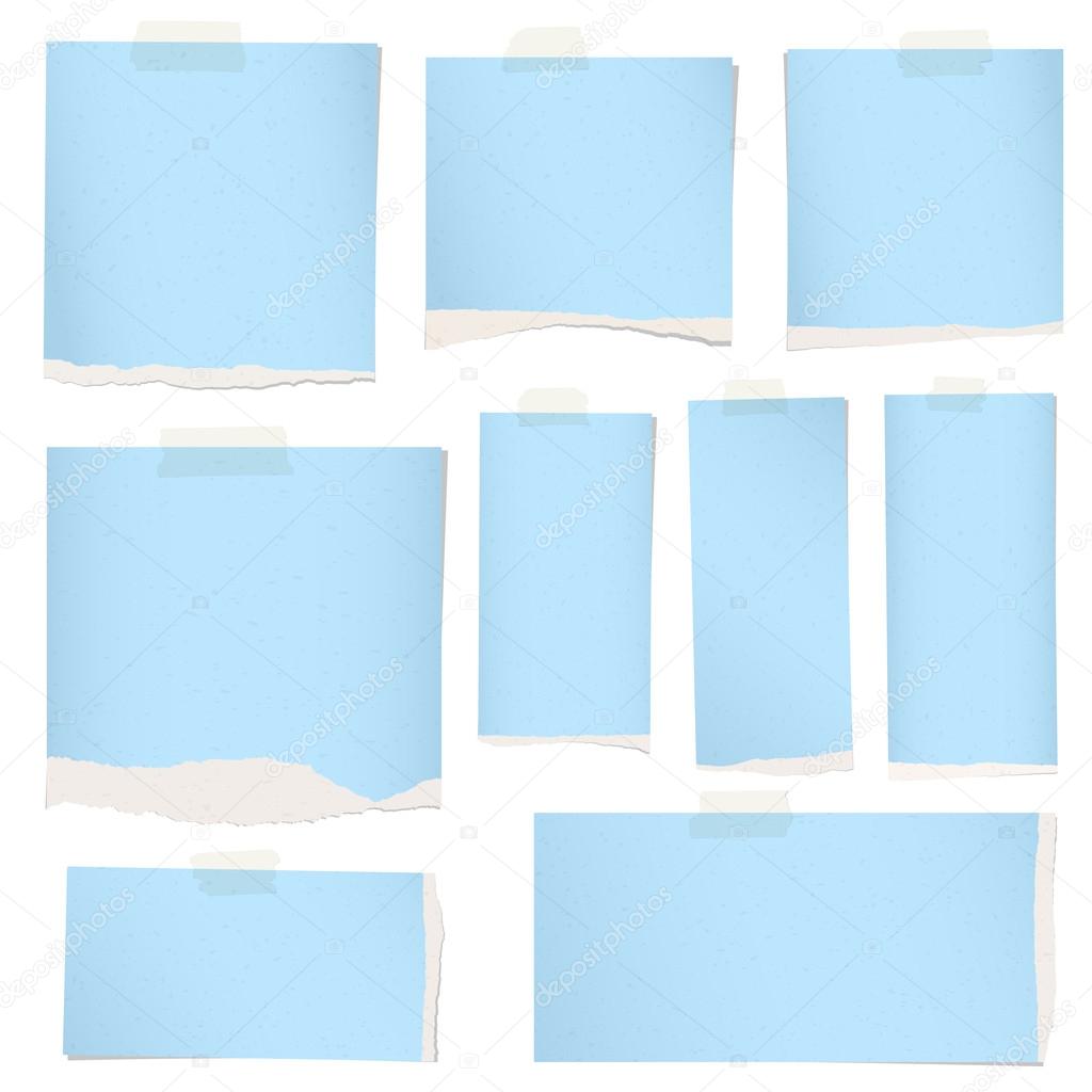 Pieces of torn blue grainy note paper with adhesive tape.
