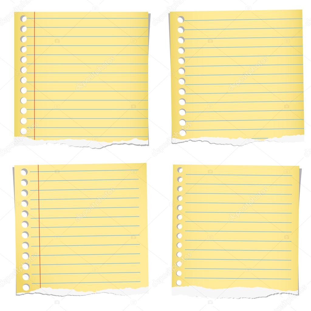 Set of yellow torn notebook papers with blue lines on white background