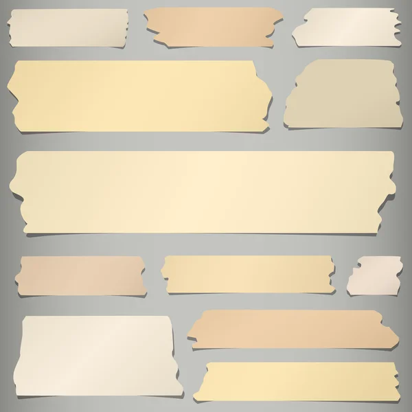 Set of horizontal and different size sticky tape, adhesive pieces on gray background — Stock Vector