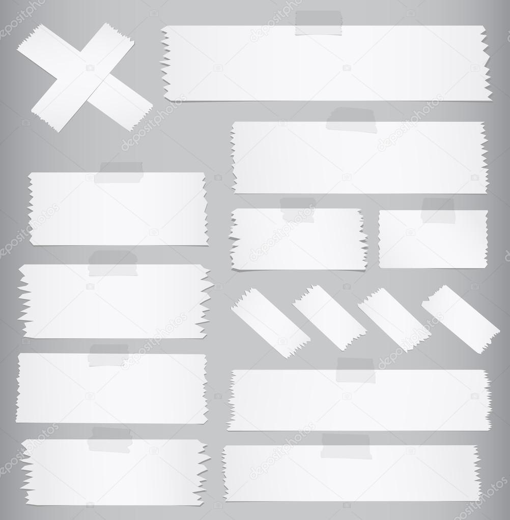 Horizontal and different size sticky tape, adhesive pieces on gray background