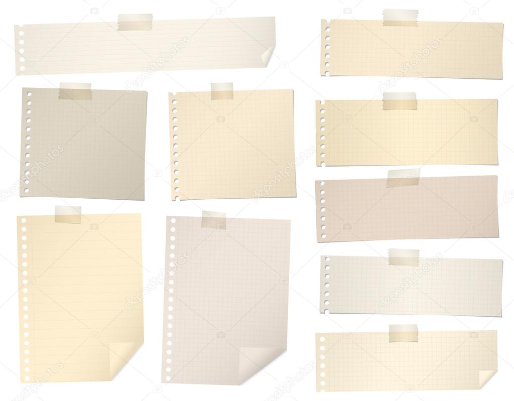 Pieces of brown lined, grid note paper with adhesive tape