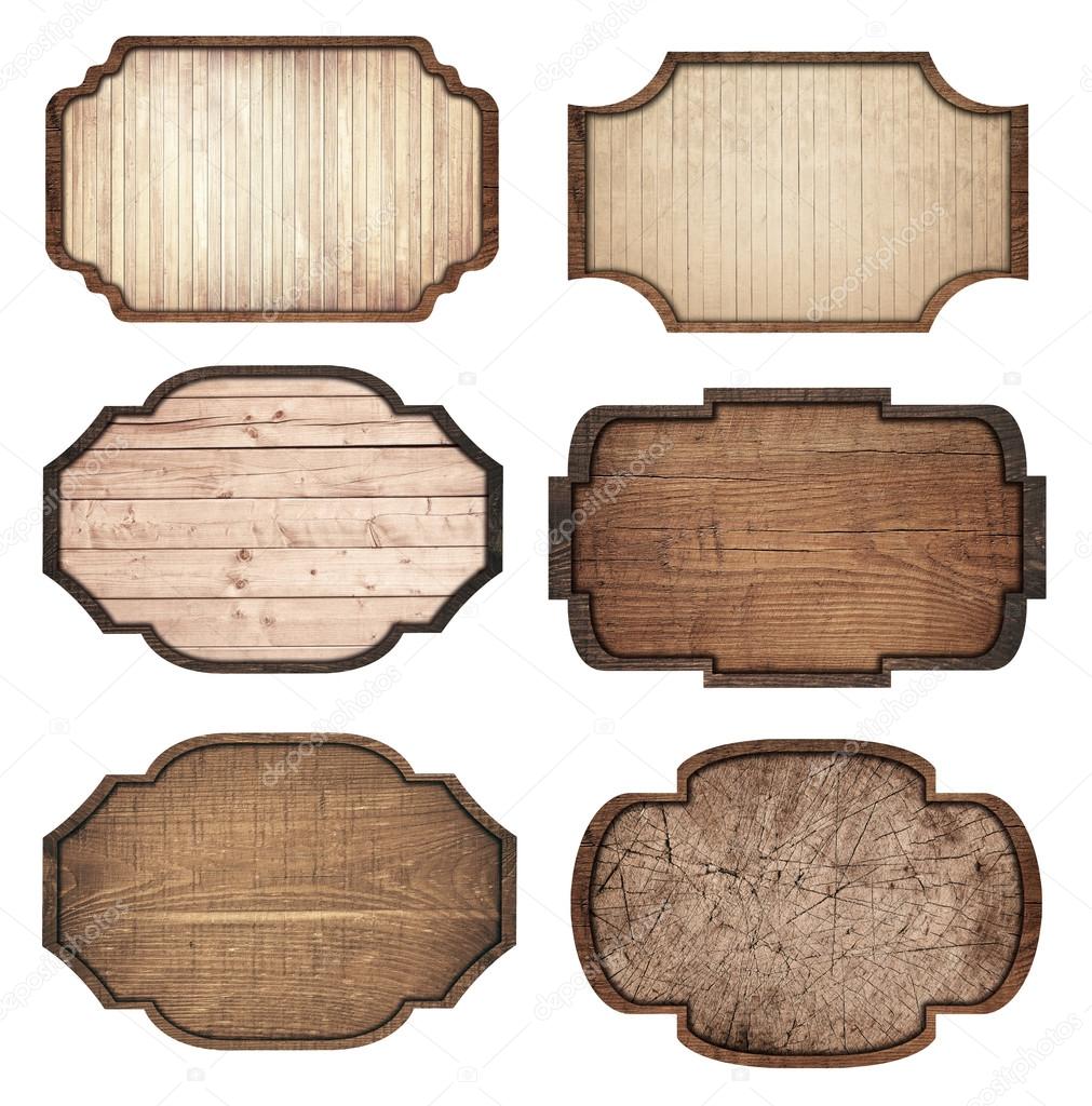 Set of brown wooden signboard, planks and dark frames are isolated on white background